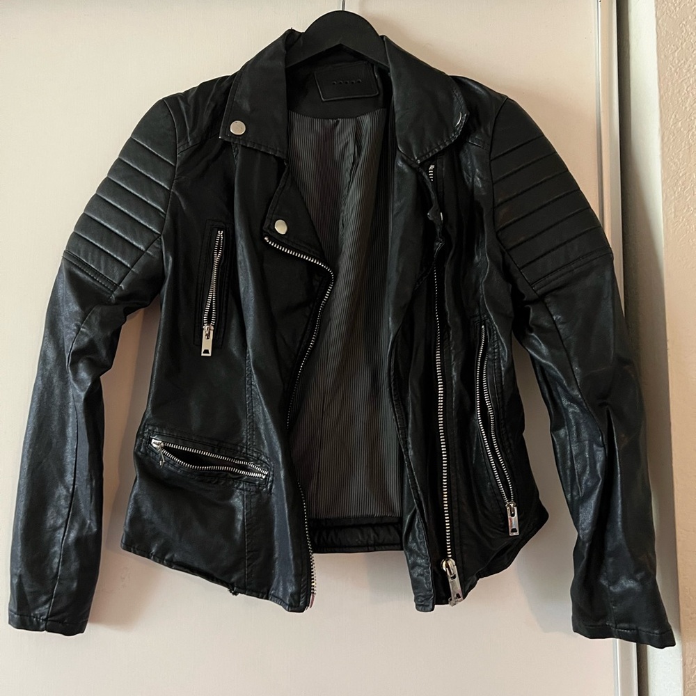 Blank NYC Black Quilted-Shoulder Faux Leather Moto Jacket